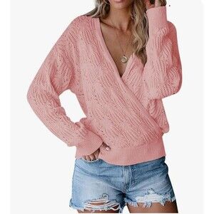 Womens Crochet Knit Wrap Sweater Sz S Soft Pink Cottage Feminine Casual School